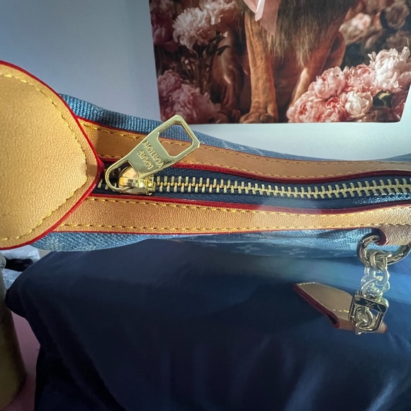 Blue Denim Monogram Shoulder Bag with Tan Trim - Picture 3 of 8